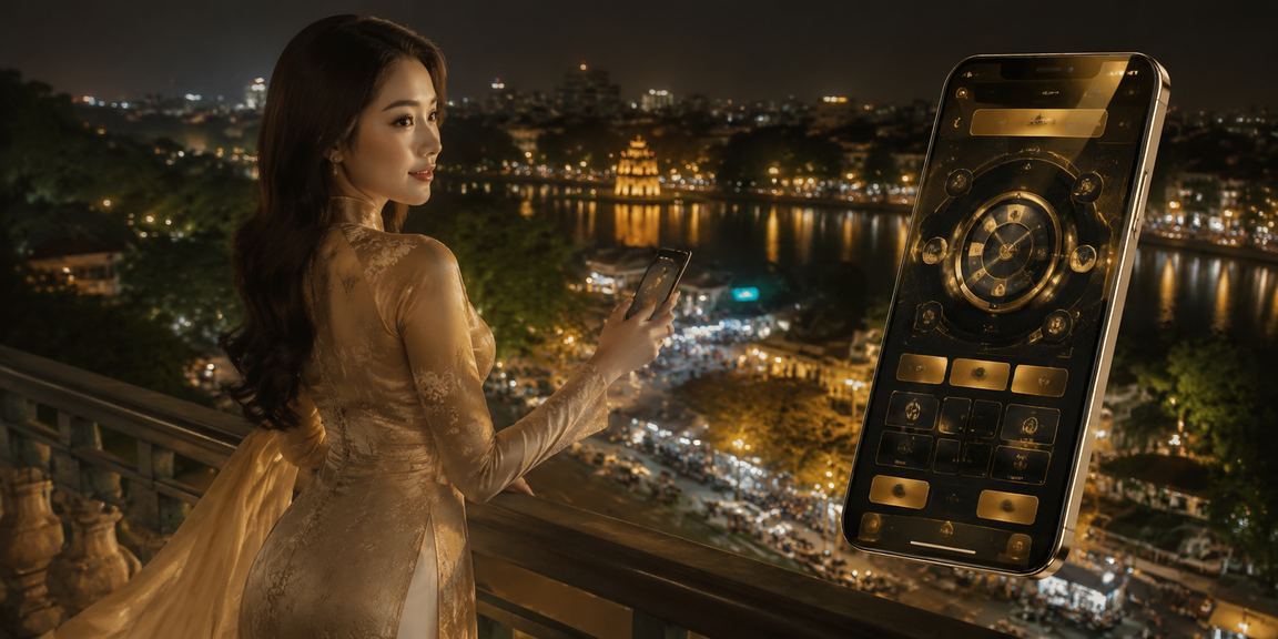 Người phụ nữ áo dài Hà Nội thực hiện giao dịch nạp tiền trực tuyến trên điện thoại di động