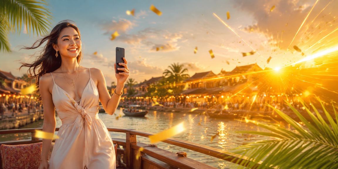 Người dùng ngồi uống cà phê tại Hội An và đăng nhập nền tảng giải trí casino trực tuyến qua điện thoại di động